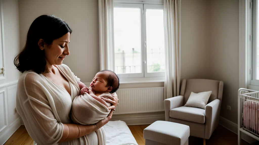 Gros plan des mains d'une mère ajustant un lange en coton autour des bras d'un nouveau-né pendant l'emmaillotage