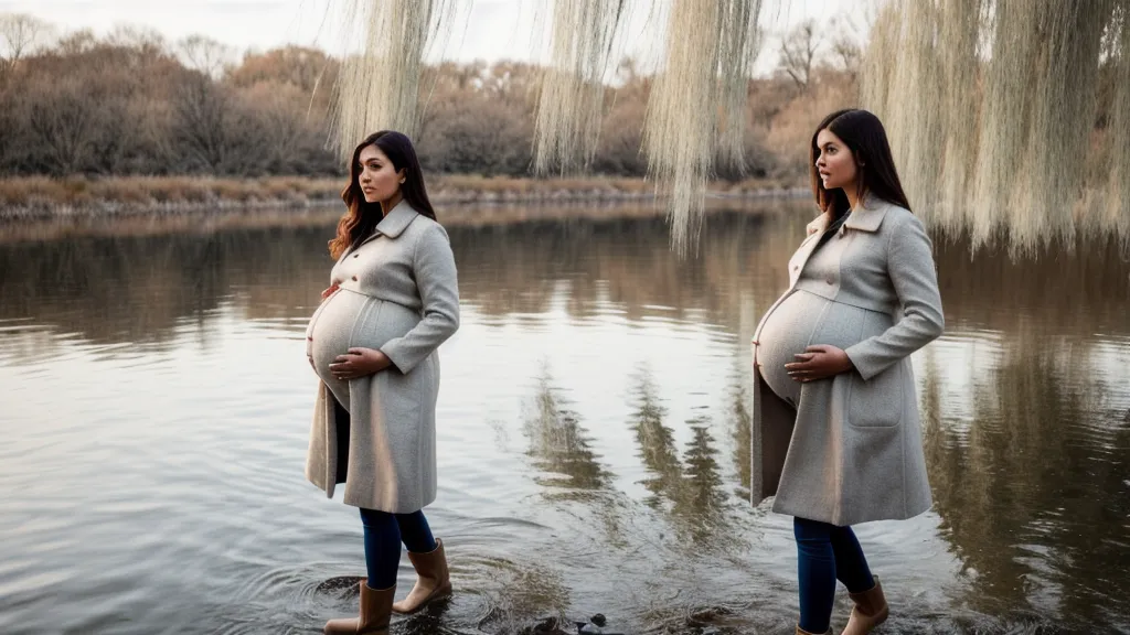Femme enceinte marchant doucement au bord de l'eau pour retrouver de l'énergie.