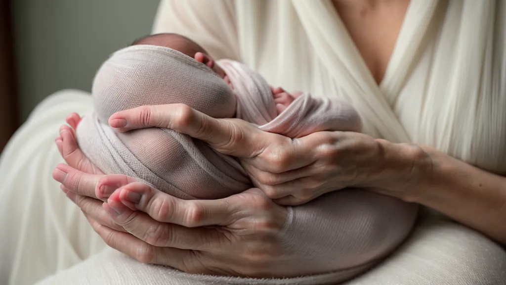 Main d'une maman tenant fermement son nouveau-né sous l'aisselle pendant le bain.