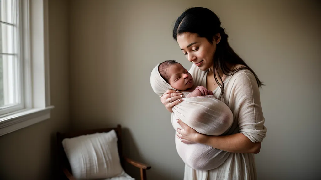 Mains d'une maman tenant les petits pieds de bébé pendant le change de couche