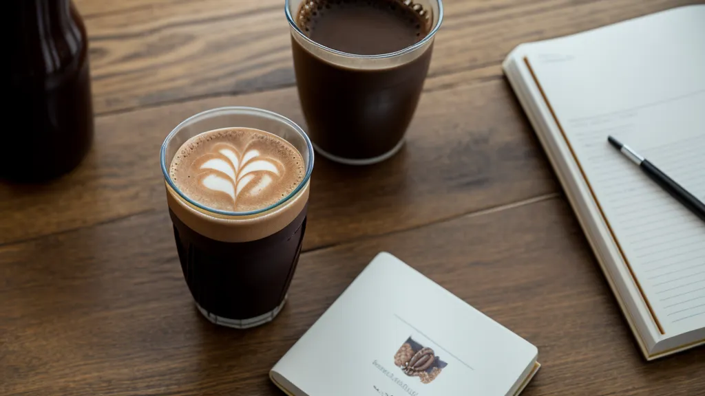 Détail d'une tasse de café froid et d'un carnet de notes sur une commode.