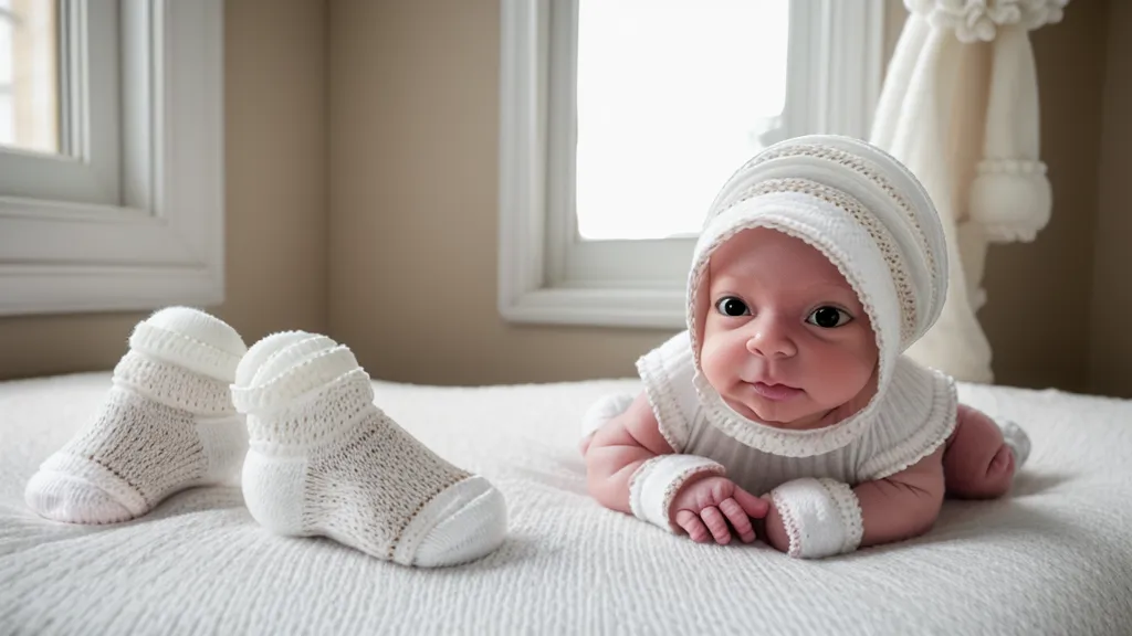 Gros plan sur des petits chaussons en laine et un bonnet de naissance