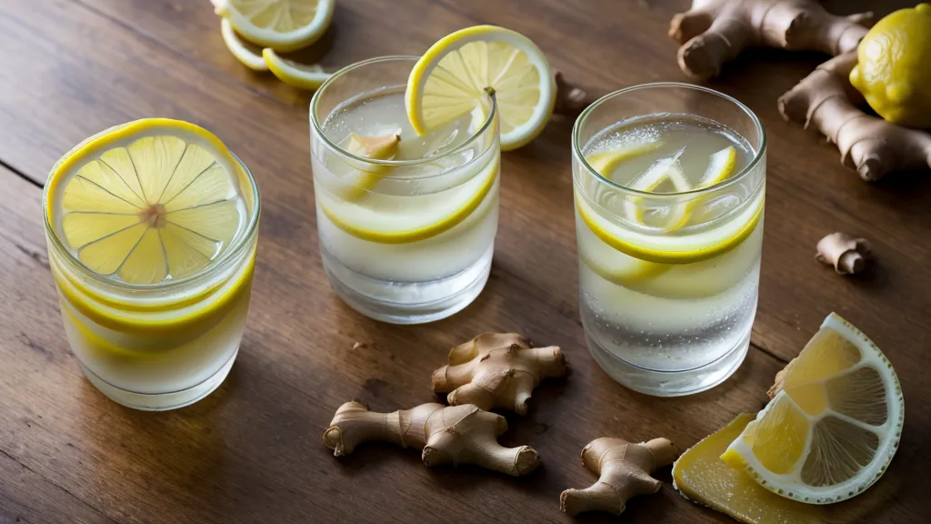 Racine de gingembre frais et verre d'eau citronnée sur un plan de travail en bois.