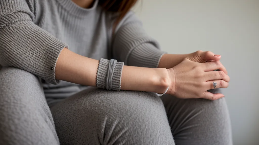Gros plan d'un bracelet d'acupression porté au poignet d'une femme enceinte.